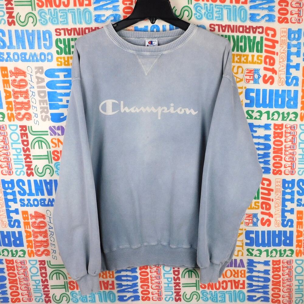 Vintage Champion Script Logo Crewneck Sweatshirt XL Blue Faded USA 90s